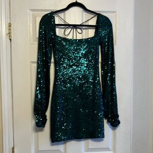 Lucy in the Sky dark green sequined mini bodycon long sleeved homecoming dress
